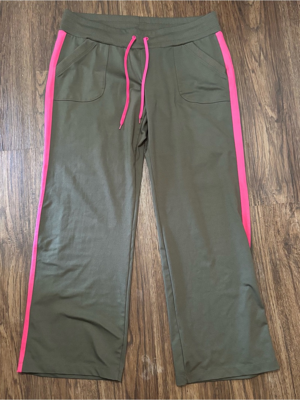 Old Navy Olive Green Flare Track Pants L Pink Side Stripe Athletic Yoga